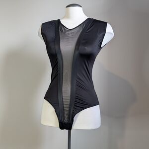 Seductions Black Mesh Panel Bodysuit Faux Leather Cap Sleeve Medium Sheer Goth